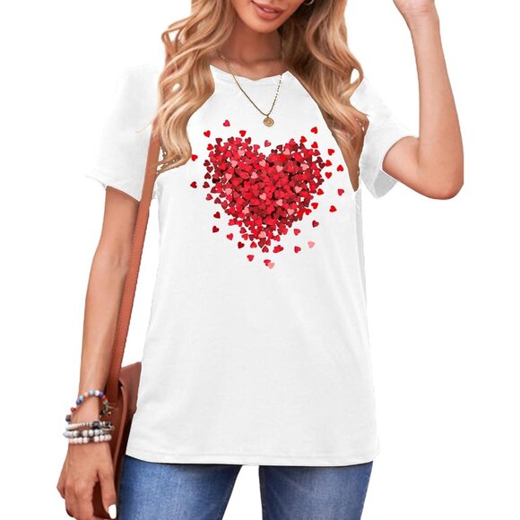 Meesheep Women White Cute Love Hearts Pull On T shirts Valentines Day Gifts Tops - Picture 2 of 6